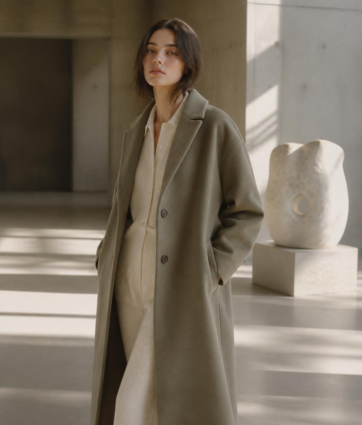 Model wearing the Auréte overcoat in a sunlit concrete gallery